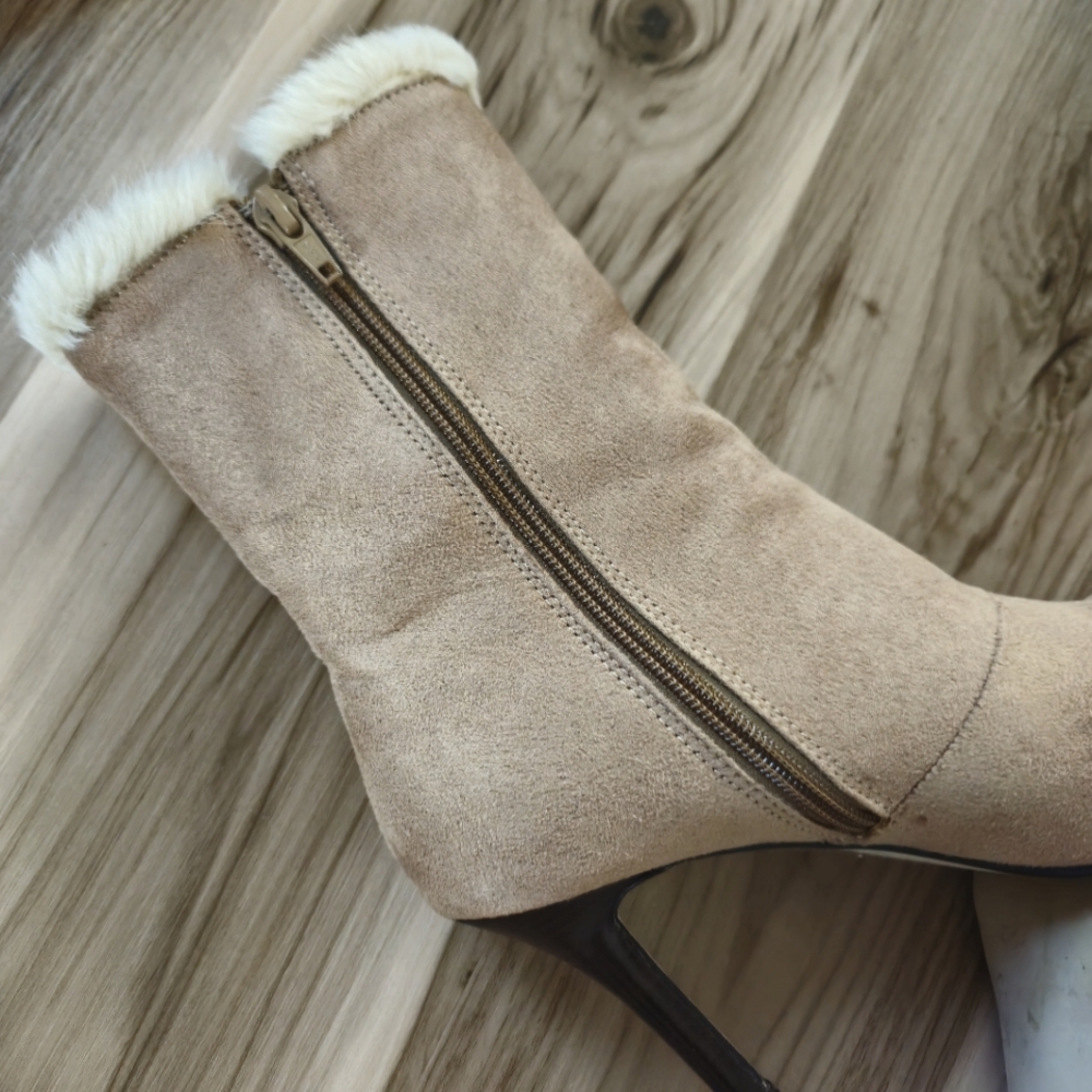 Tan Suede And Faux Fur Pointed Toe Stiletto Boots Women's 7.5 - Picture 8 of 15